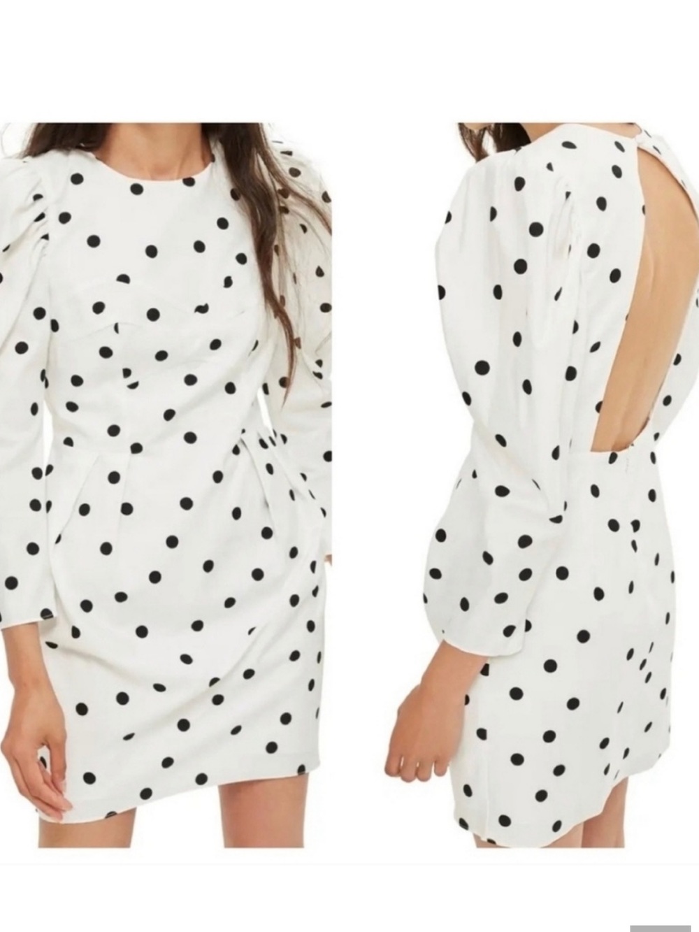 Topshop Womens US 2 White Black Polkaโ Dot Open Back Puff Sleeve Mini Dress